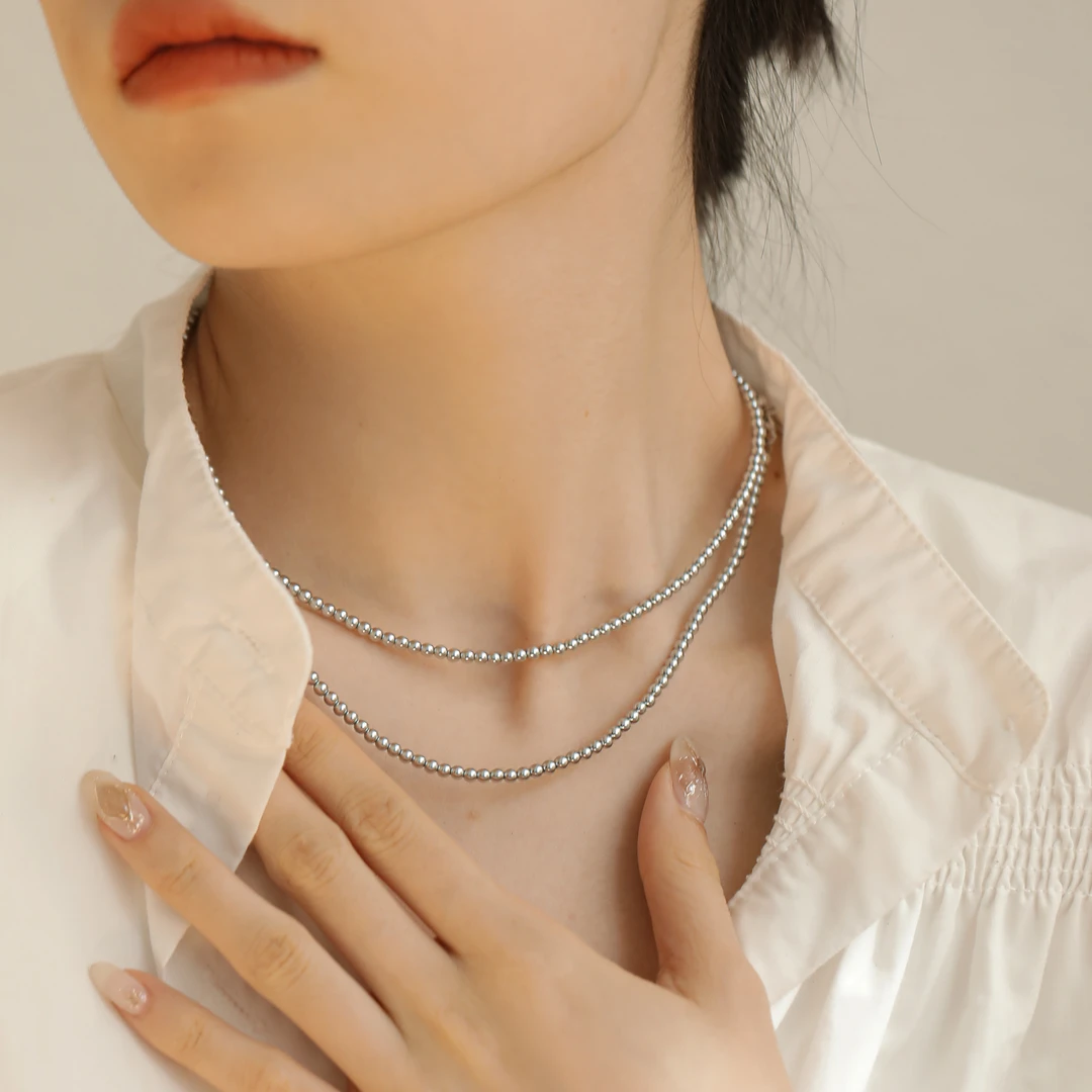 链子925银 柒 N14724 <双扣小米珠>施家晶晶灰珠锁骨链项链