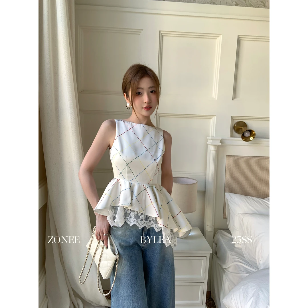 ZONEE 夏日灵魂乐 法式原创设计格纹缎面拼接蕾丝彩虹格露肩上衣