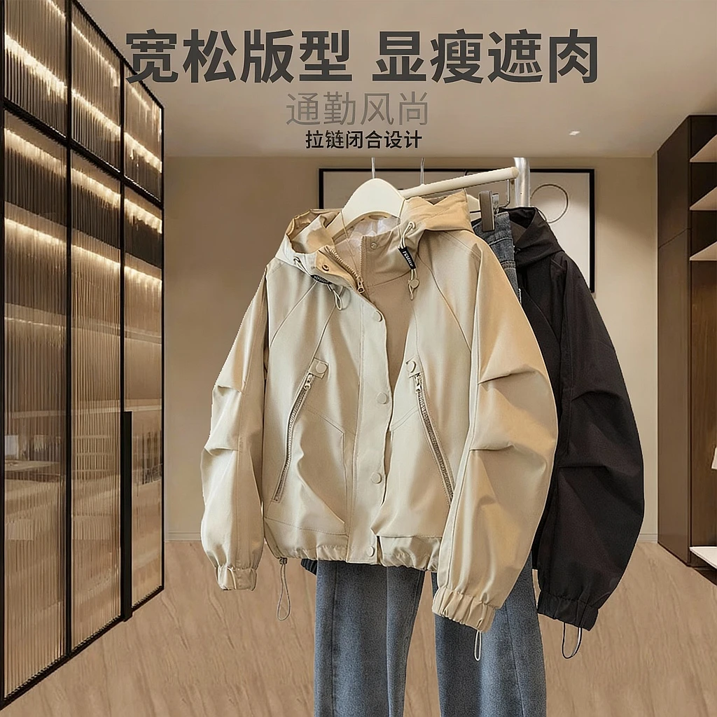 2-300斤胖mm欧货夹克外套女2025春秋新款宽松显瘦连帽冲锋衣