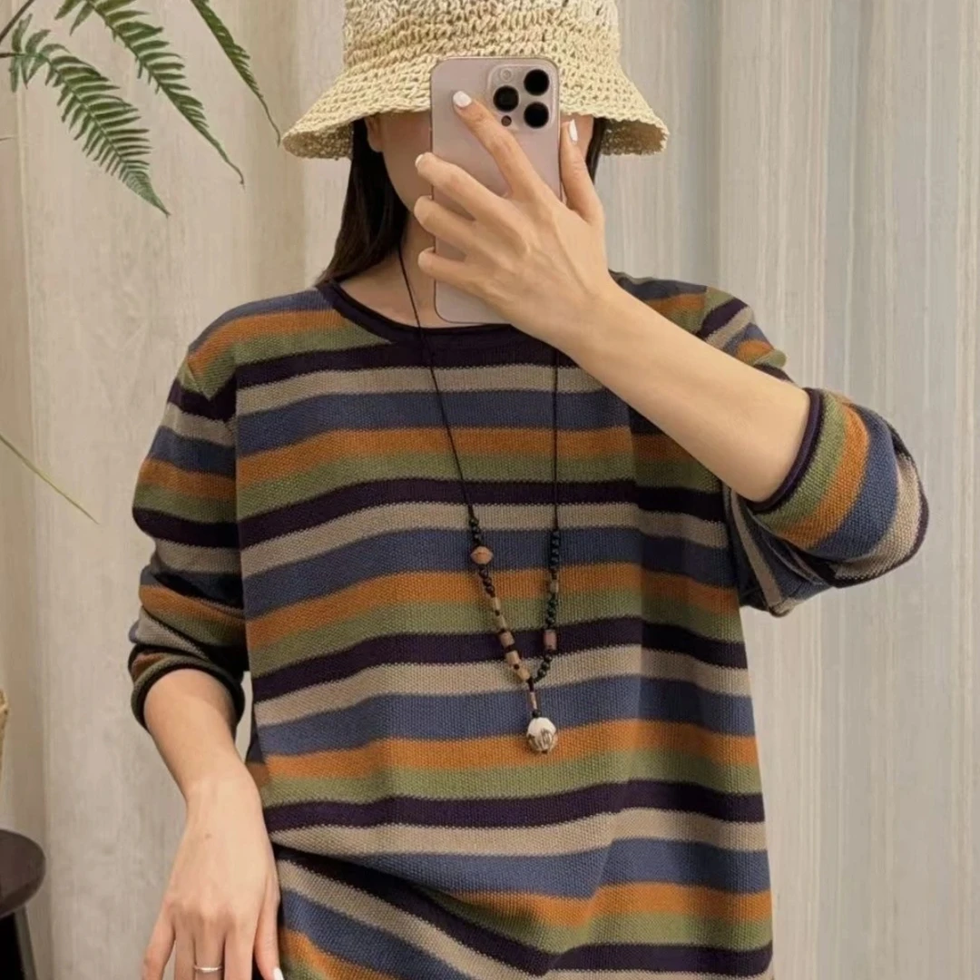 2025秋薄款复古拼色条纹针织衫女大码女装减龄休闲长袖上衣潮