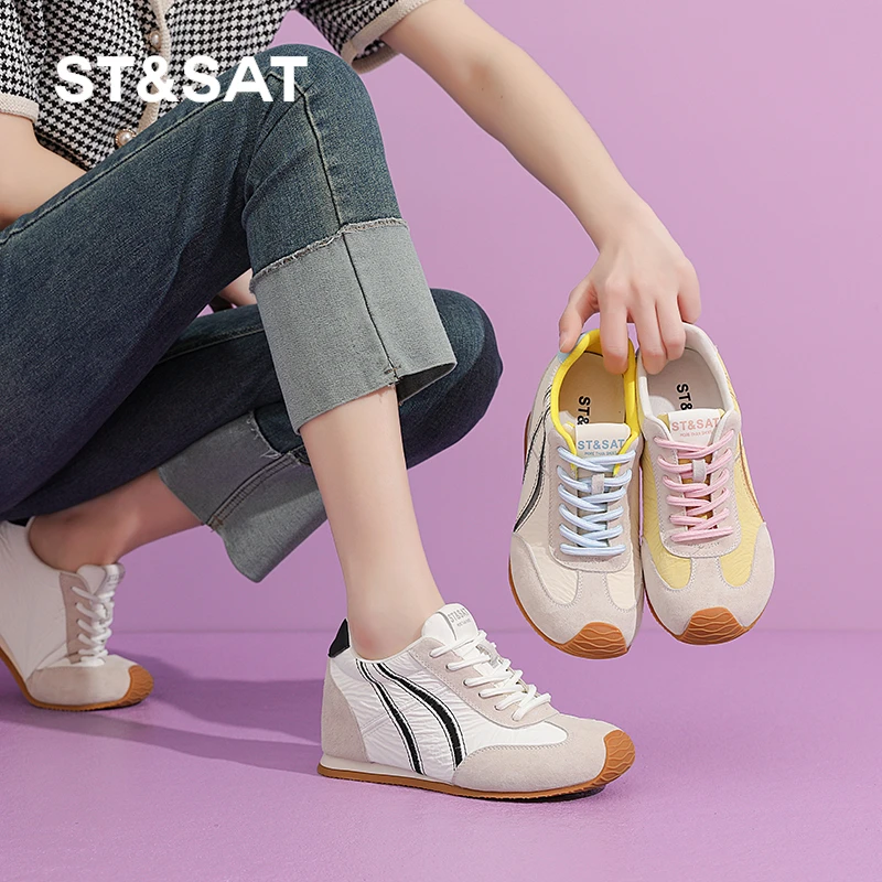 星期六内增高德训女鞋2025春夏季爆款复古百搭系带运动休闲鞋厚底