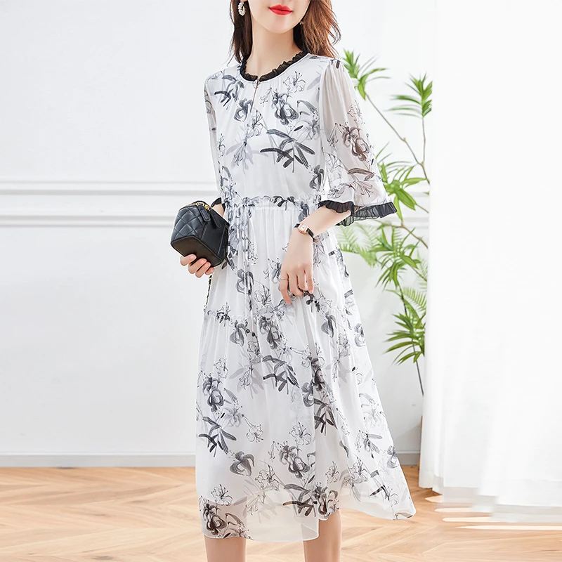 水墨佳人100%桑蚕丝夏季时尚显瘦印花连衣裙82395376