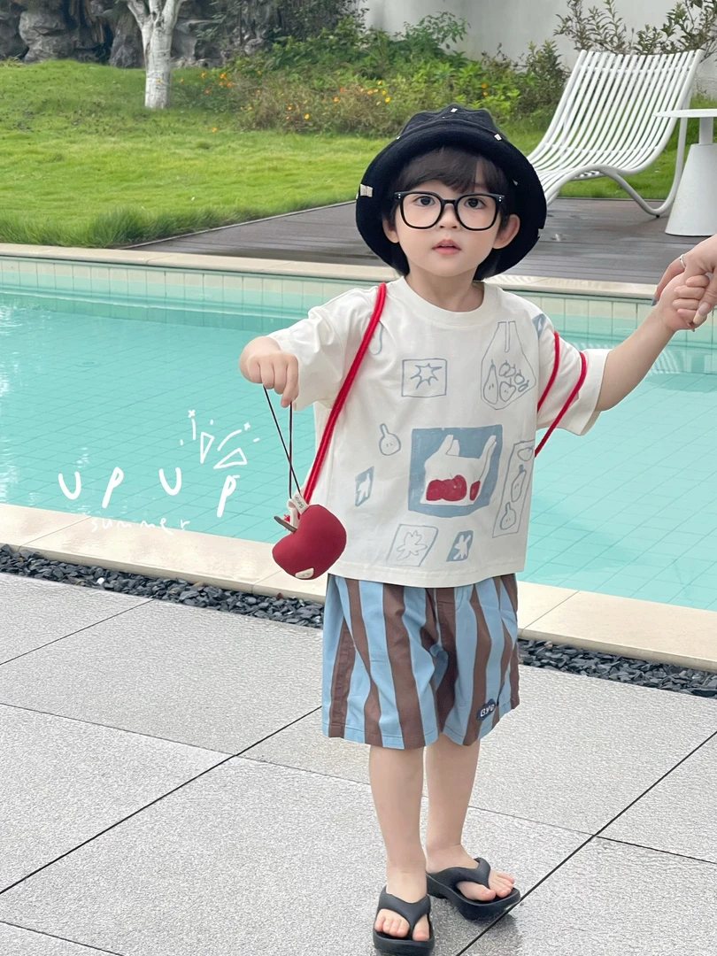 2025UPUP夏款新款男童印花T恤+条纹五分裤 中小童男童