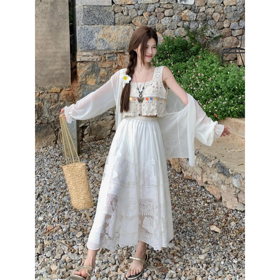 复古流苏设计感镂空背心长袖防晒开衫半身裙女装夏季新款时尚套装