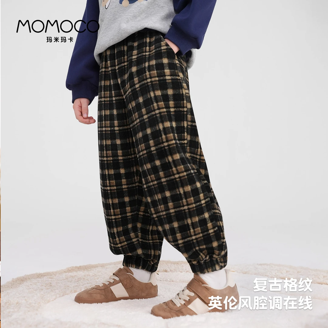 MOMOCO/玛米玛卡男童冬季新款加绒加厚格子休闲裤77430354006