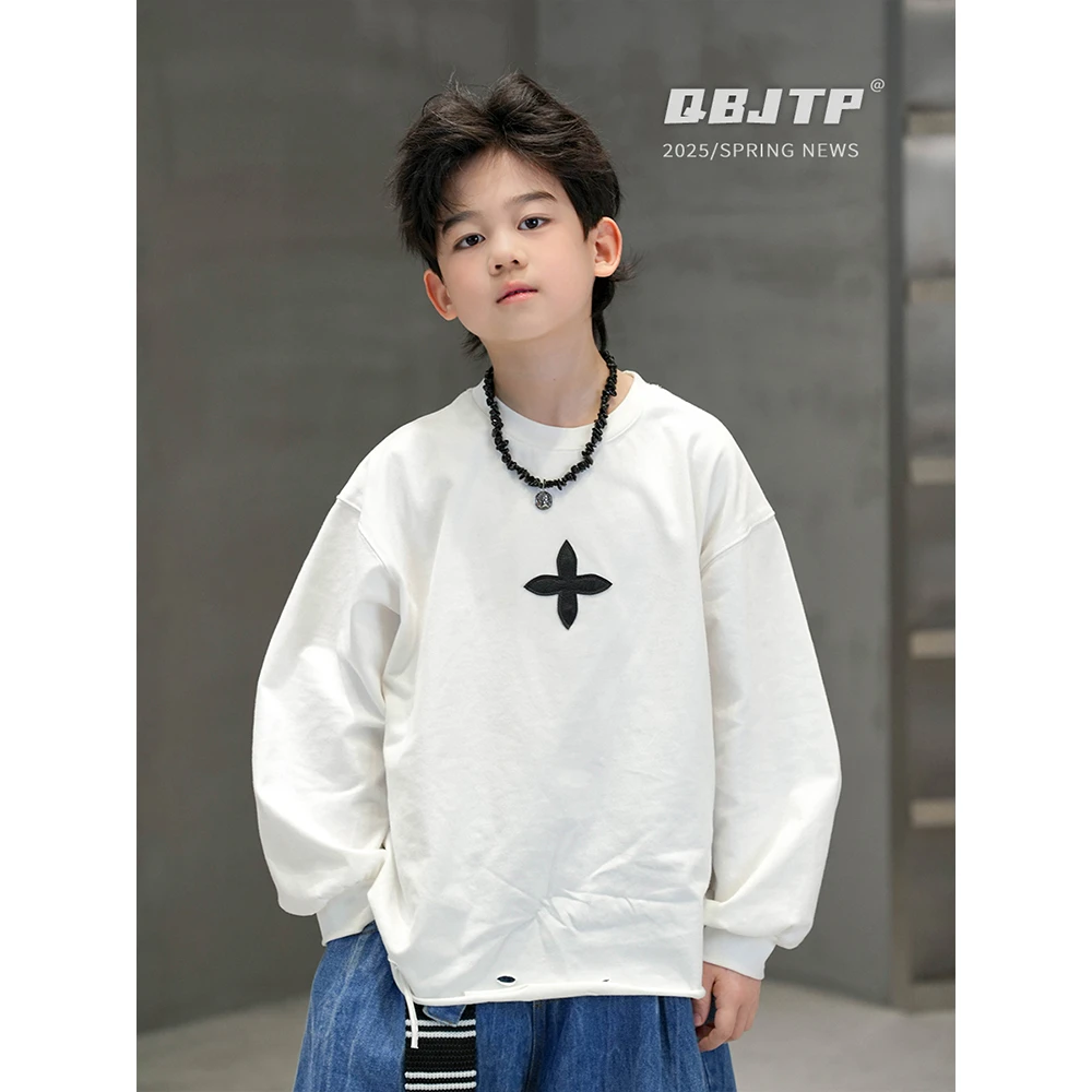 Q宝家童品2月新款 男童白色长袖T恤儿童春季百搭打底中大童上衣潮