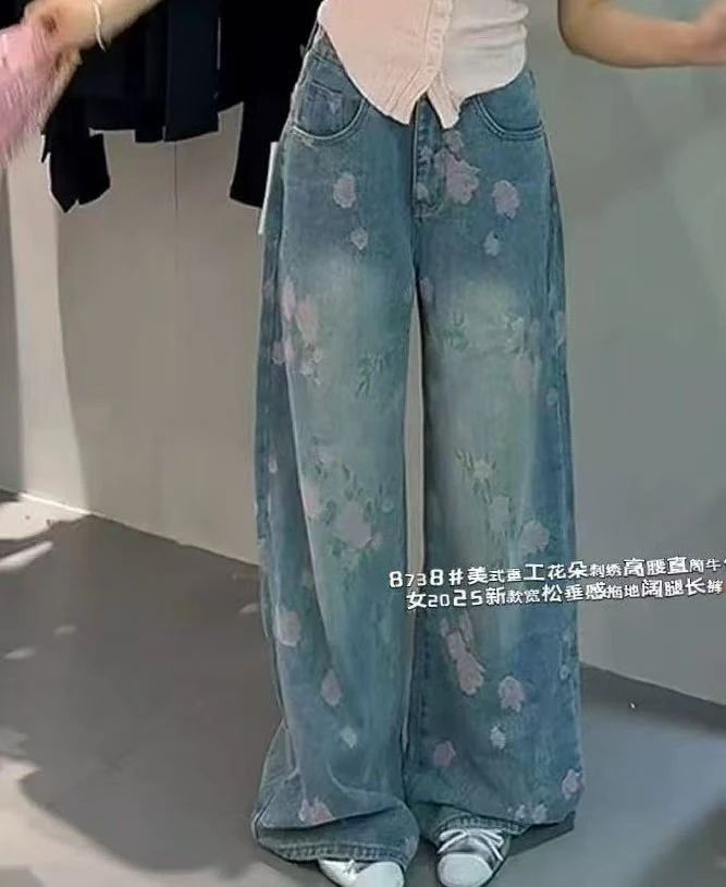 4790号8738#小众复古印花休闲显瘦阔腿牛仔裤