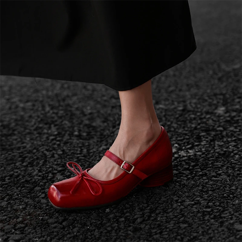 雪密欧手工水洗马皮方头粗跟蝴蝶结玛丽珍鞋女浅口软底单鞋277-12