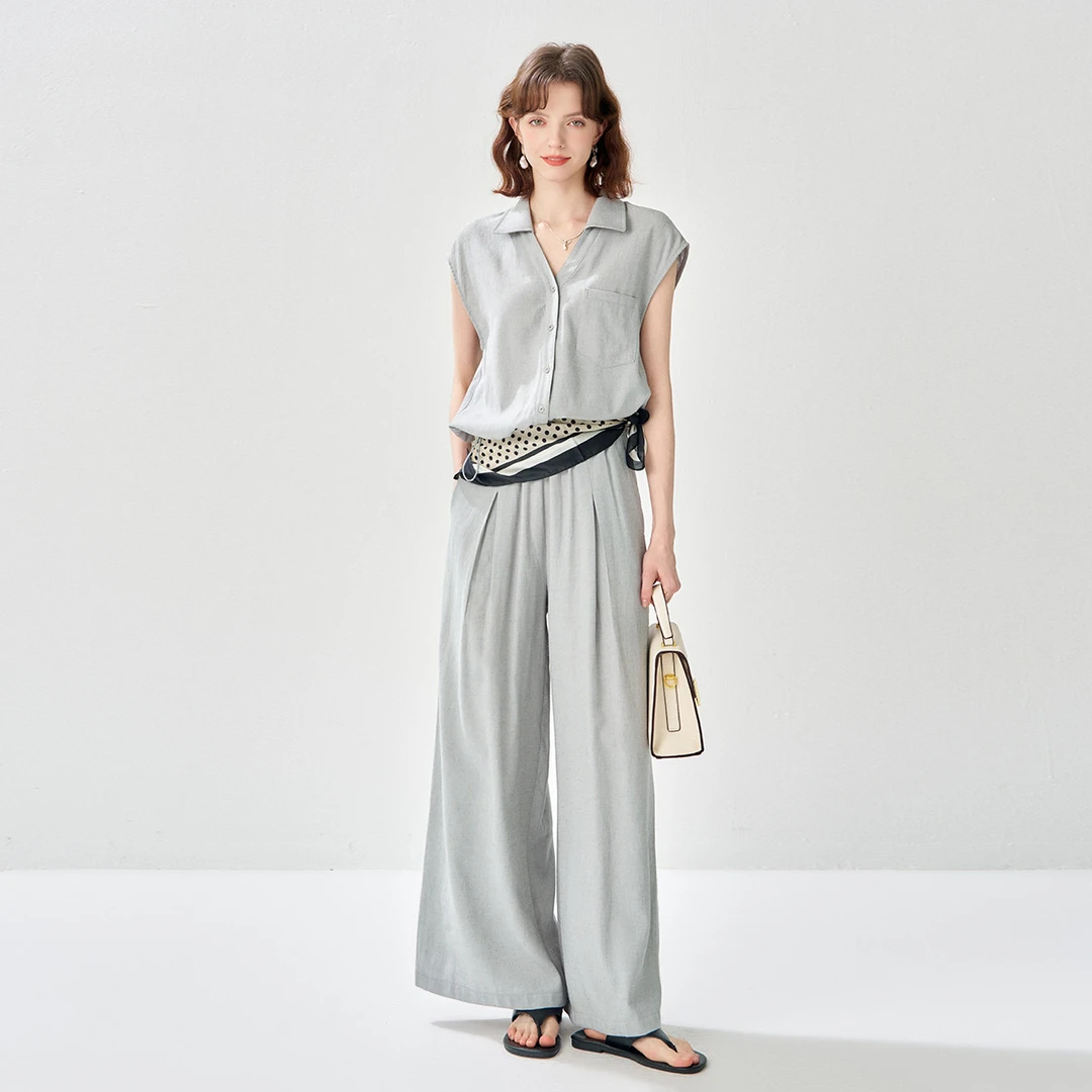 纳纹｜2025夏款含亚麻衬衫小飞袖开衫上衣松紧腰休闲裤两件套套装