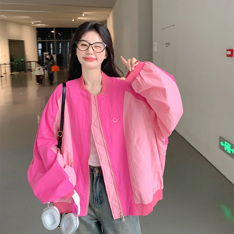 超好看粉拼色棒球服外套女春秋宽松显瘦气质个高级感炸街夹克上衣