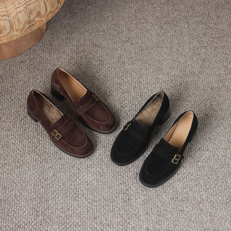 手工制作静音6cm~秋冬新款真皮单鞋女配裙子粗跟乐福鞋加绒高跟鞋