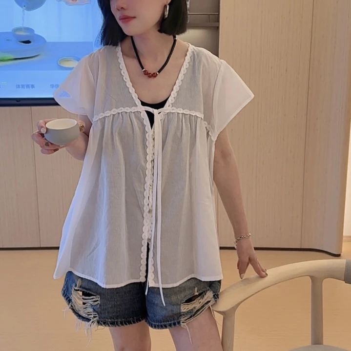 夏季新款时尚潮流百搭飘带衬衣1930