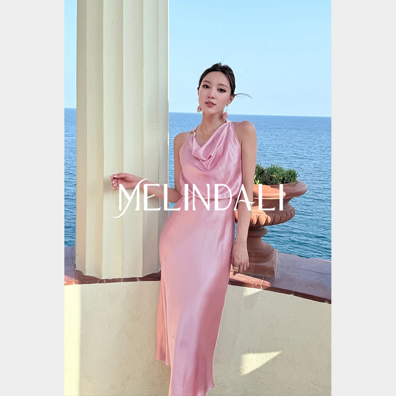 Melinda Li【丝锻玫瑰】光泽醋酸锻荡领气质收腰连衣裙多巴胺服装女