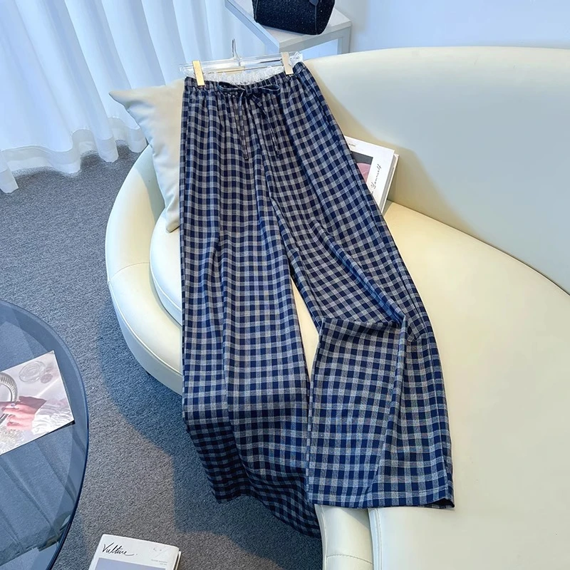 复古格子阔腿裤女夏季款蕾丝边拼接高腰显瘦慵懒风宽松直筒拖地裤
