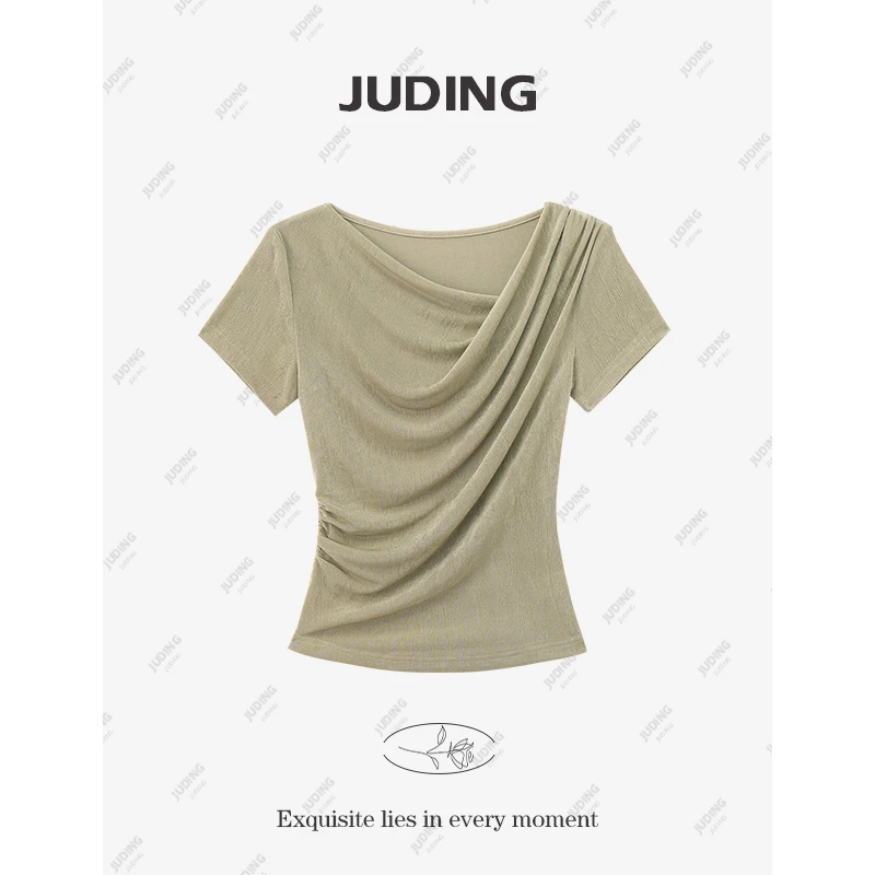 【法式慵懒】斜领褶皱短袖T恤女2025夏季新款百搭修身显瘦上衣8169