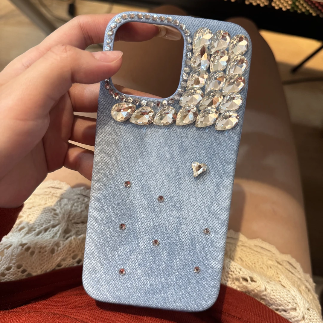 原创手作高级感牛仔闪钻适用于iPhone15半包华为16promax壳