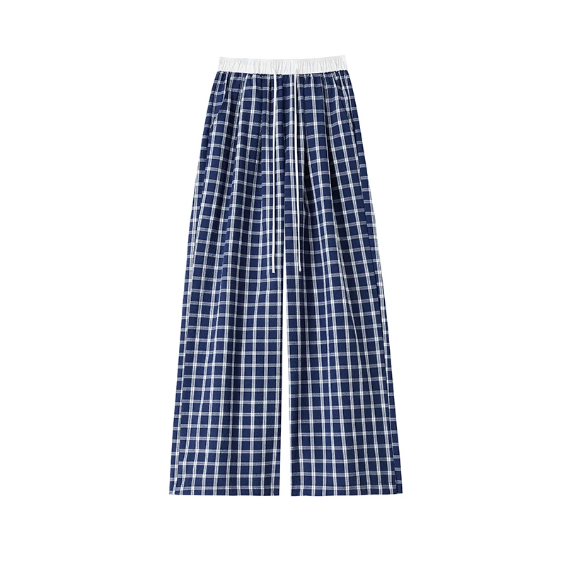 艾格直筒宽松抽绳拼接拖地阔腿裤女春夏2025年新款显瘦百搭格子裤