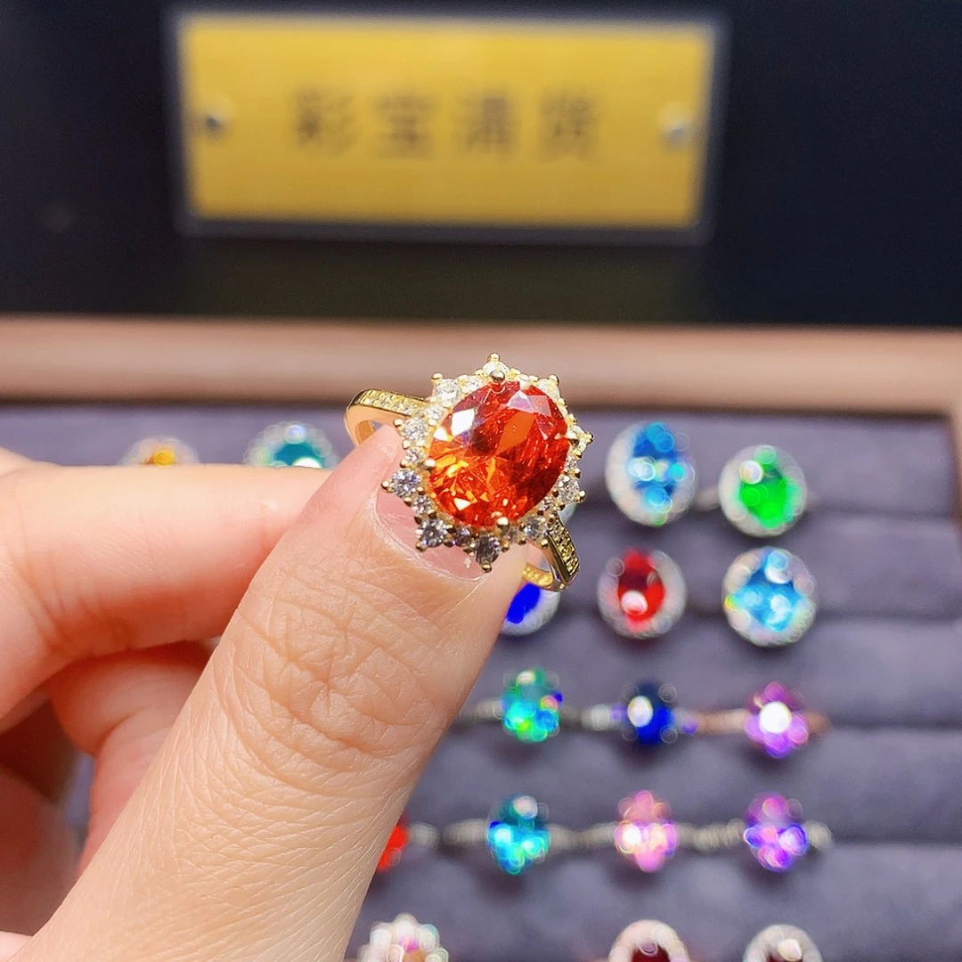 戒指银S925镶嵌红色碧玺橘红