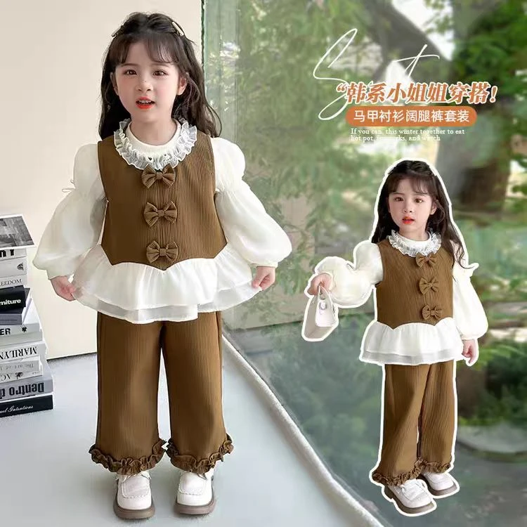 女童秋季三件套马甲打底衫阔腿裤儿童长裤花苞袖打底衫