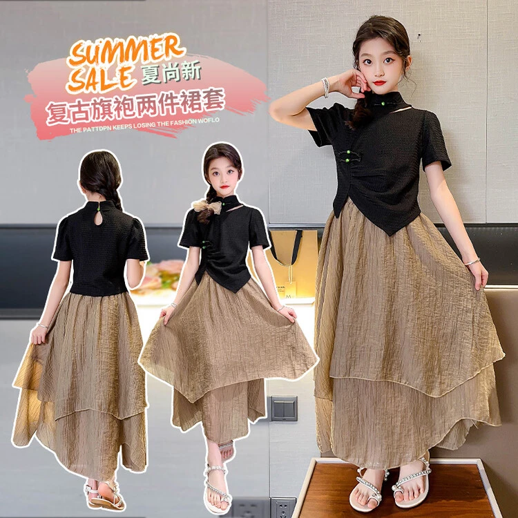 女童装春夏季新中式汉服套裙大儿童女孩复古旗袍上衣半身裙两件套