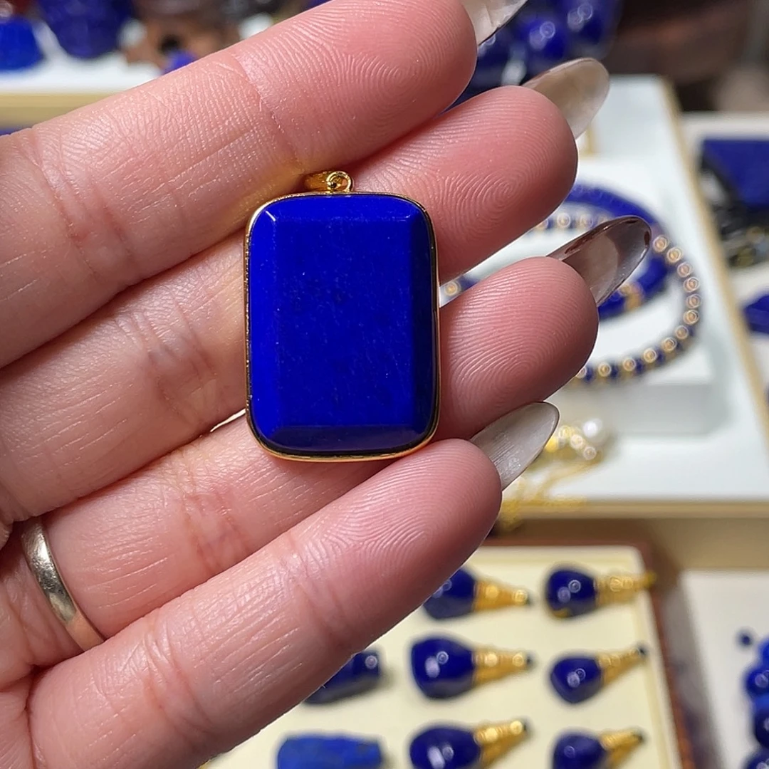 青金石银S925镀金镶嵌无事牌吊坠