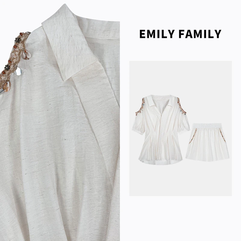 丁香小曲 小香风露肩短袖收腰衬衫春夏休闲套装YL-260589