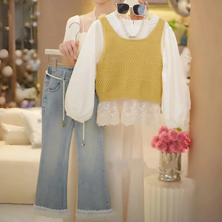 女童衬衫马甲牛仔裤套装2025春秋款蕾丝花边上衣针织背心微喇裤裤