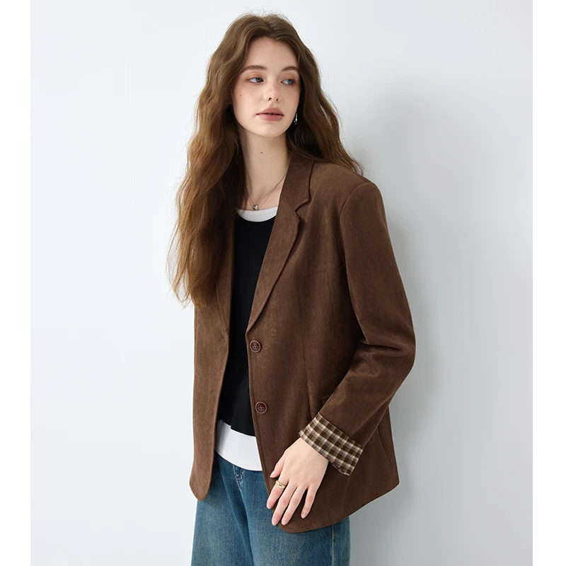 长袖拼接西装2025秋季新款气质休闲时尚西服通勤百搭复古麂皮外套