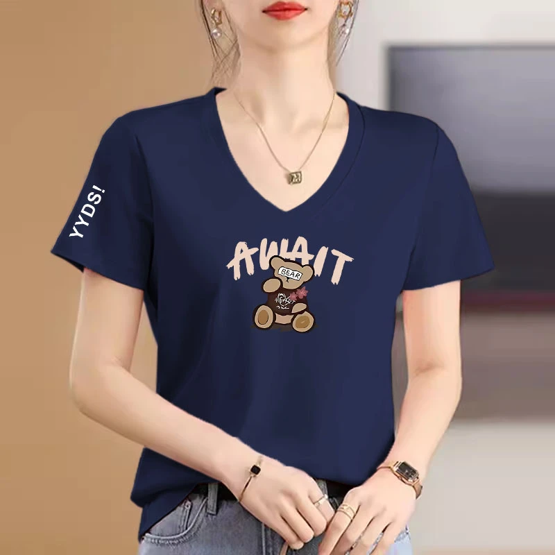 夏季新款纯棉短袖t恤女印花卡通图案休闲百搭宽松遮肚子v领上衣潮
