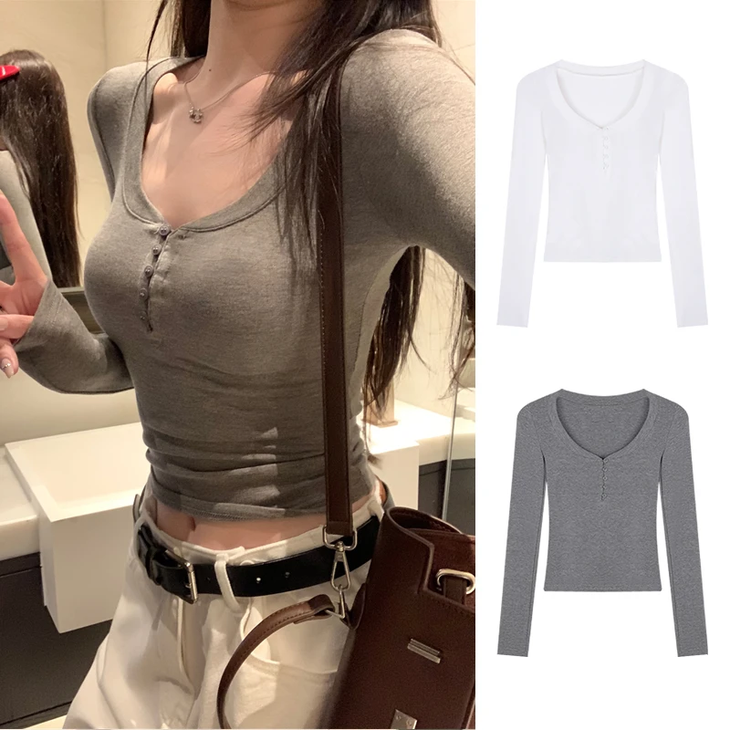 U领露锁骨紧身纯欲辣妹打底衫女秋冬内搭长袖正肩半开领纽扣上衣