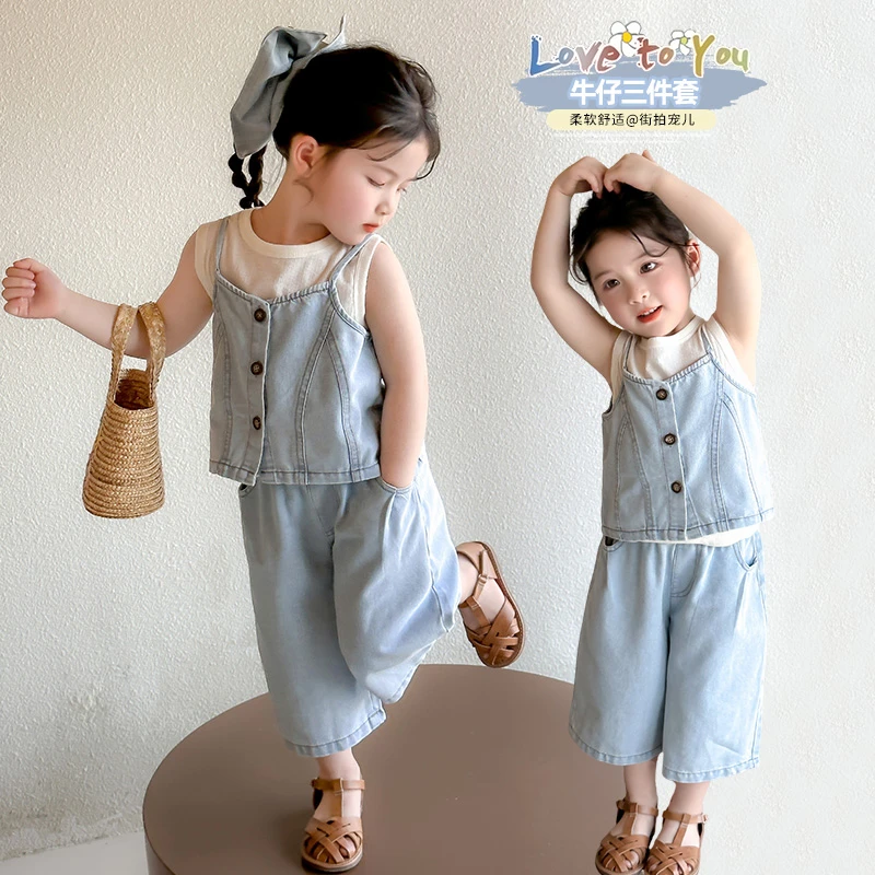 女童牛仔吊带套装2025新款儿童夏装韩版洋气女宝宝夏季时髦三件套