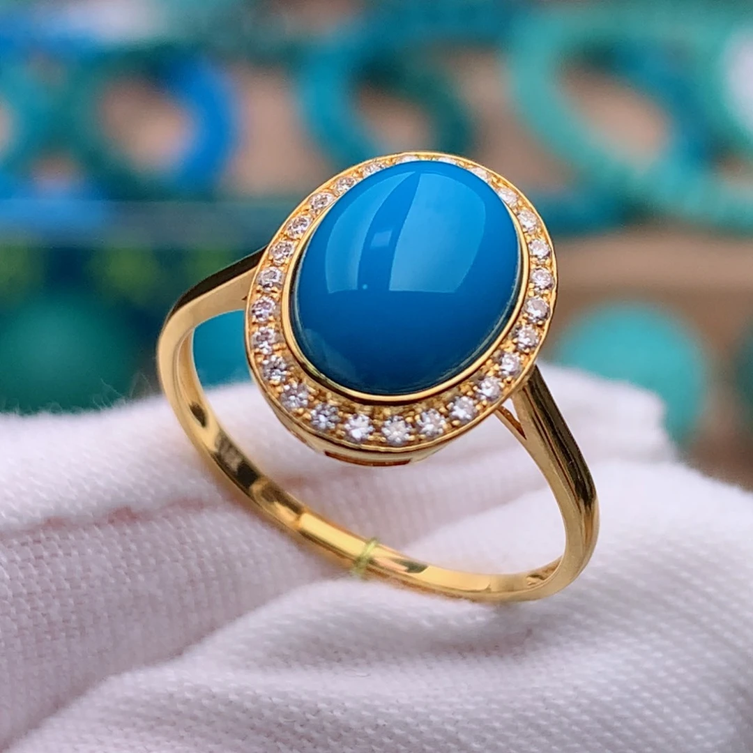 18K金镶嵌绿松石珠宝奇石女戒