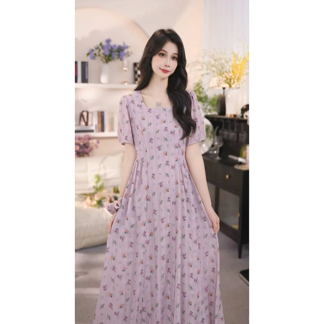 【有口袋】夏季新款方领显瘦中长款时尚设计感高腰短袖连衣裙6002