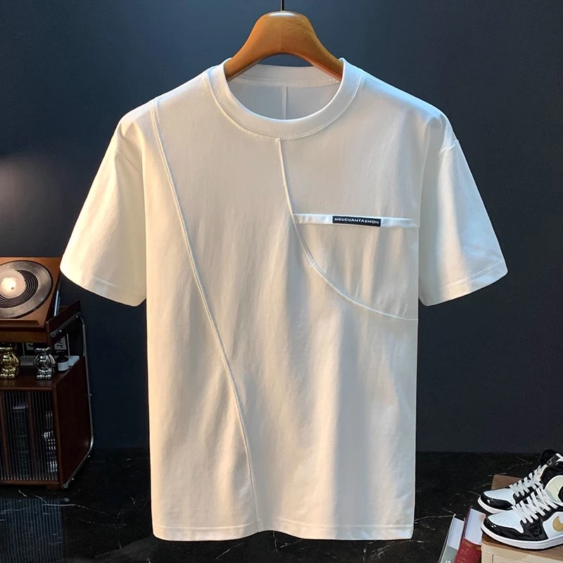 Salodac夏季高街美式新款短袖t恤男修身ins棉男士拼接半袖上衣