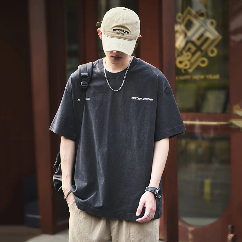 潮牌t恤男夏美式复古ins印花水洗做旧半袖baggy重磅280g纯棉短袖