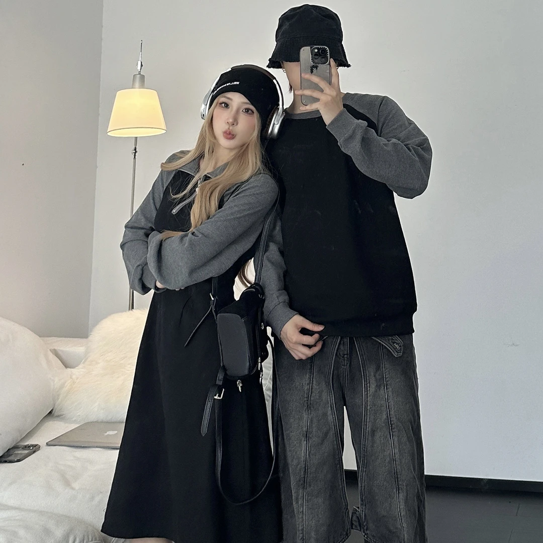 情侣款一衣一裙法式秋季新款高级小众拼接撞色设计长袖T恤连衣裙