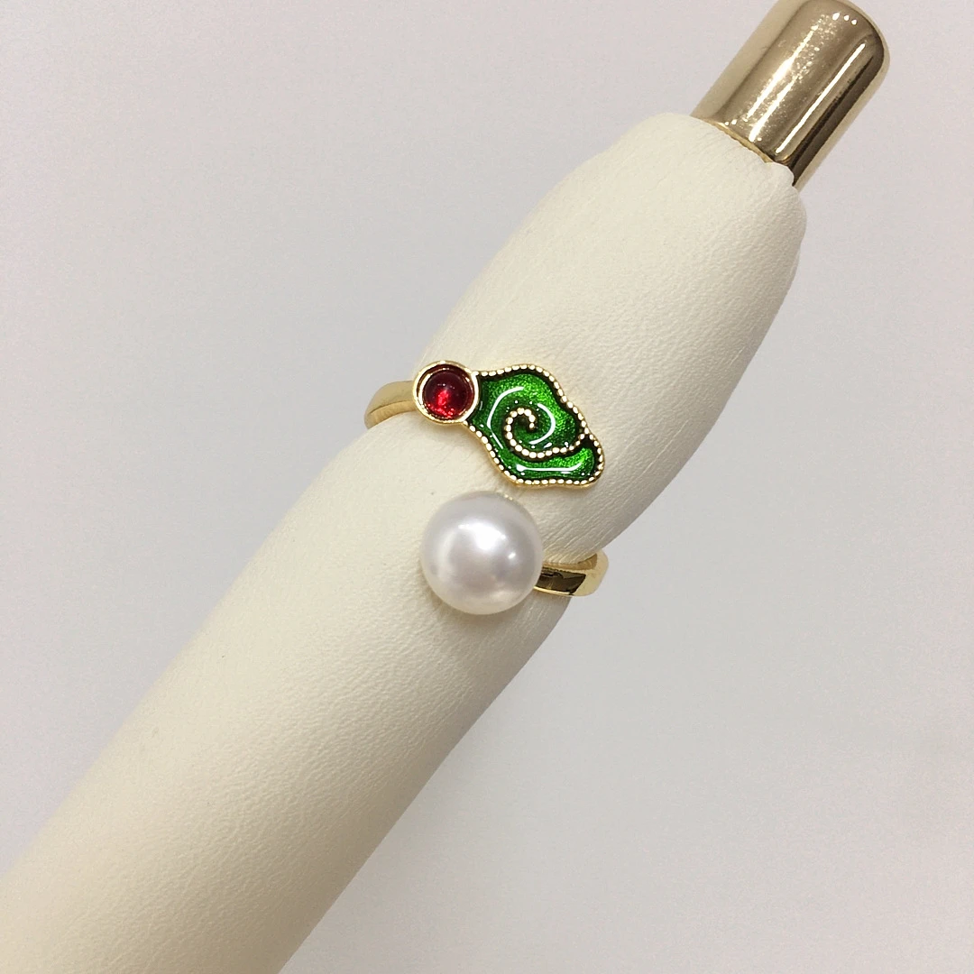 精致天然淡水珍珠戒指开口戒指烤漆祥云如意珍珠指环饰品