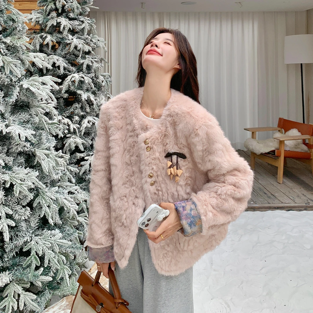 2025新款冬季新中式两面穿软糯毛毛外套超好看皮毛一体圆领厚上衣