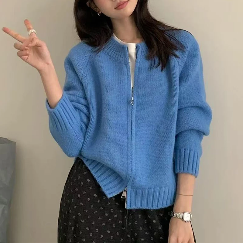 【丹姐家~蓝色双拉链毛衣】秋冬百搭纯色圆领设计感长袖针织衫