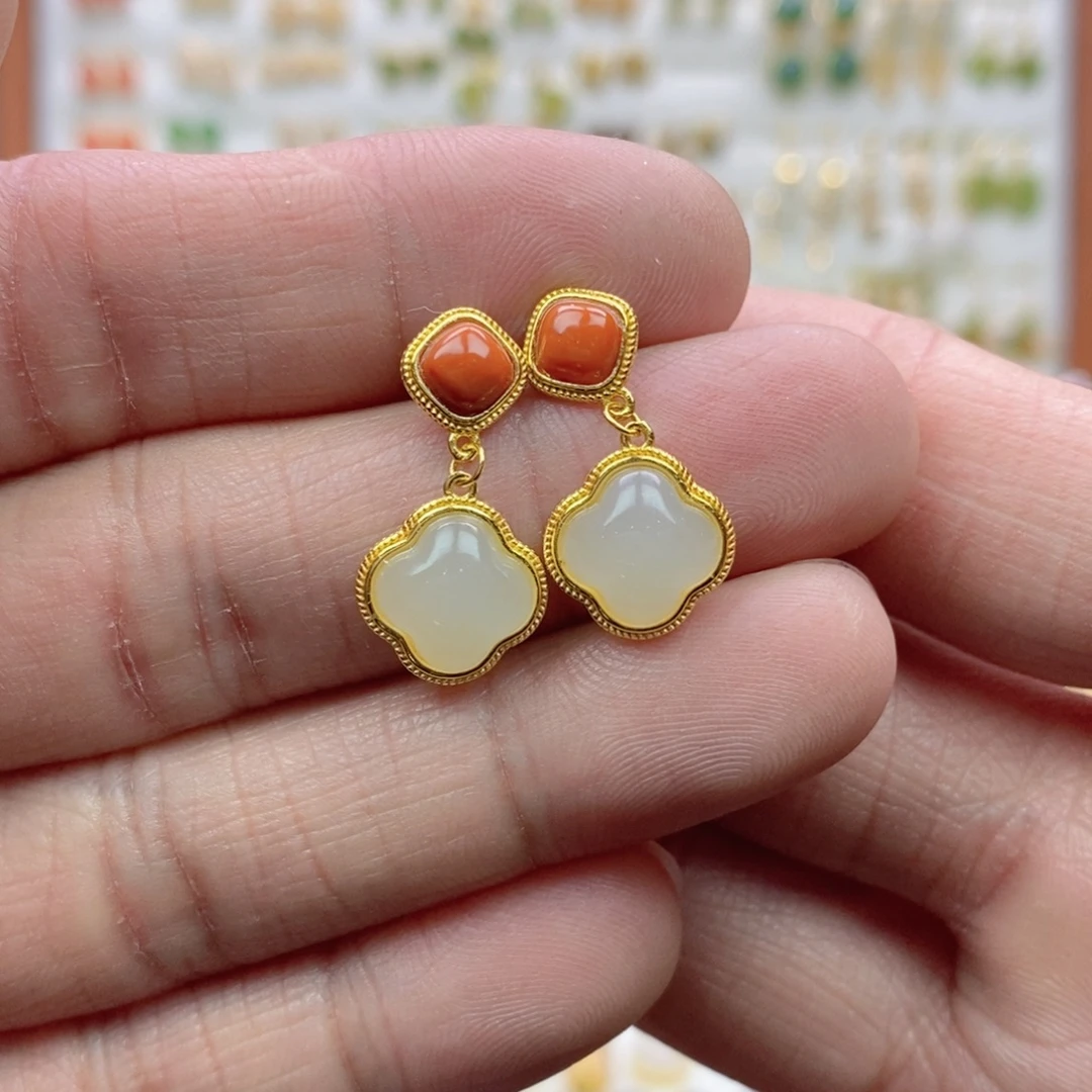 和田玉银S925镶嵌耳饰