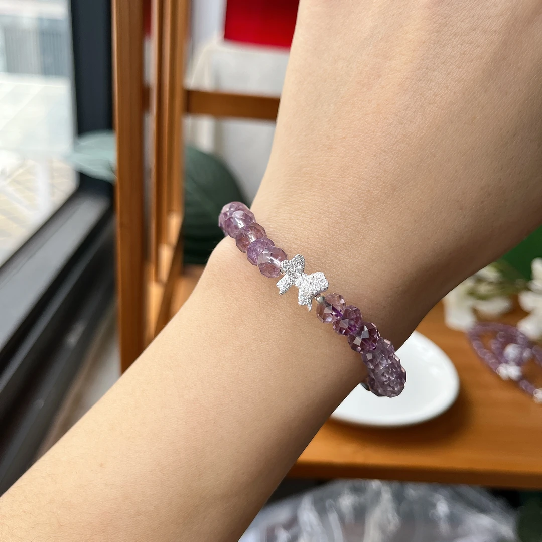【珠宝厂长】紫水晶算盘切割约8mm搭S925银蝴蝶配件手串