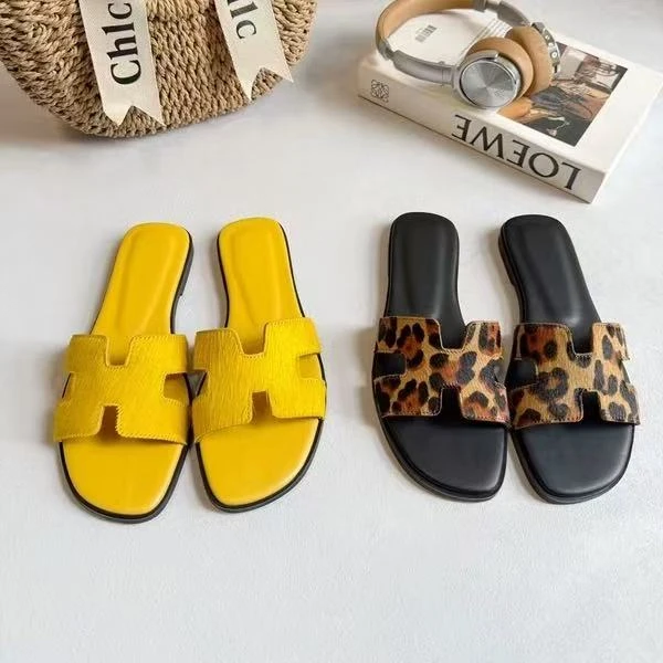 欧货女鞋2025新款真皮黄色马毛平底一字H拖鞋女沙滩鞋平跟凉拖鞋