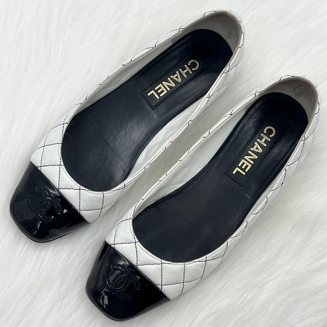 95新 Chanel/香奈儿 黑白菱格纹方头单鞋 37.5码 公价9k c6130