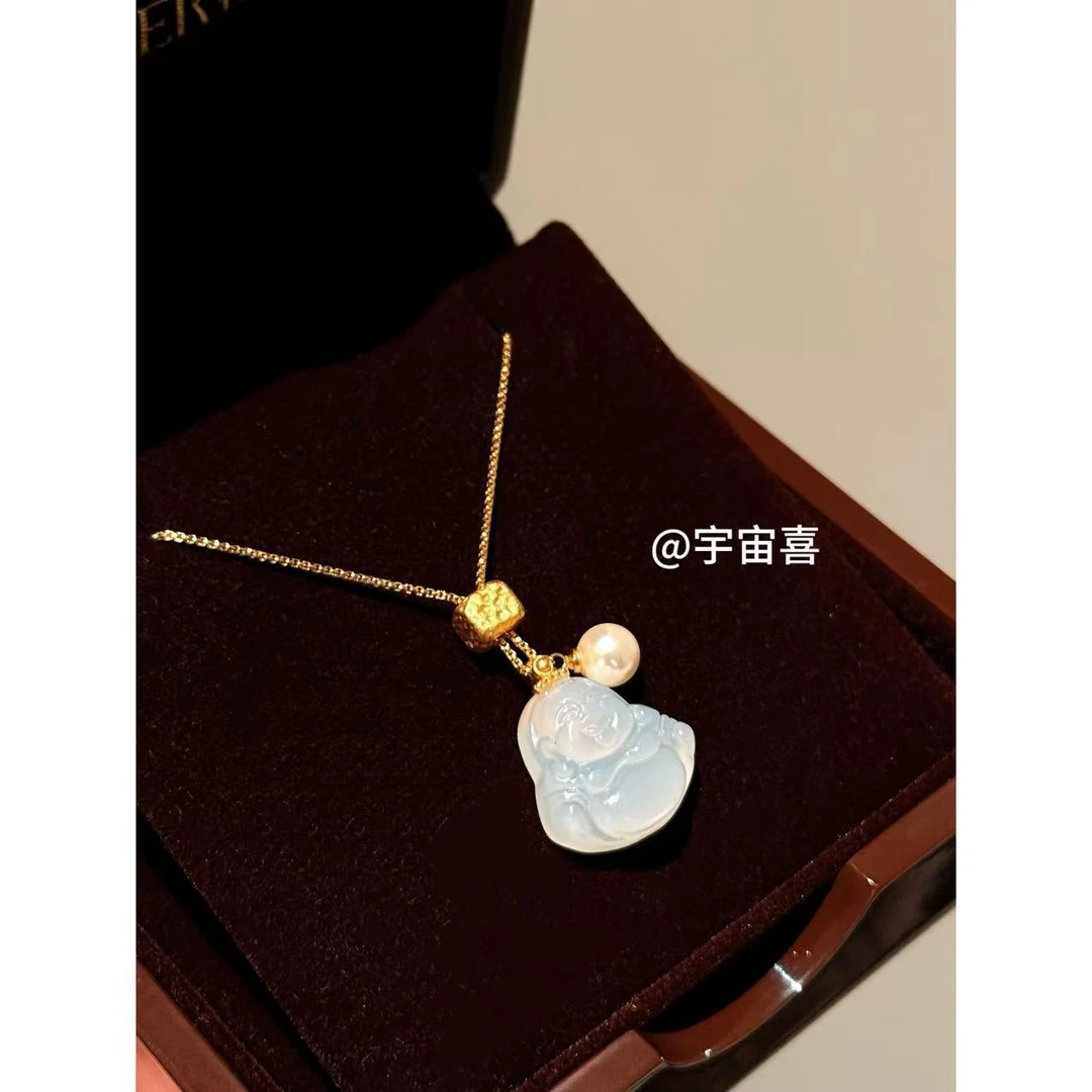 铜合金仿珍珠项链 J2-074【金色链条锤纹方块坠石头佛像项链】