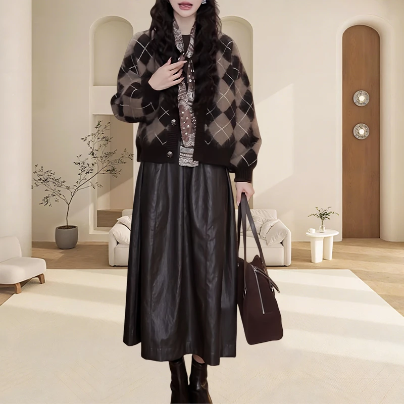 欧货休闲时尚套装女高级感洋气复古毛衣外套气质高腰长裙两件套