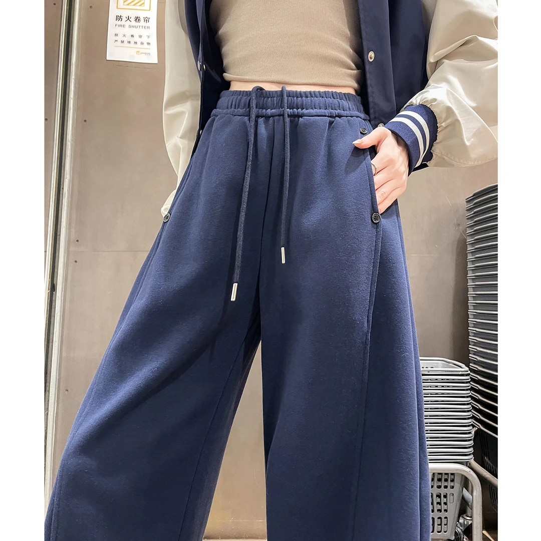 藏青色休闲阔腿裤女2025秋季新款爆款高腰显瘦宽松垂感直筒运动裤