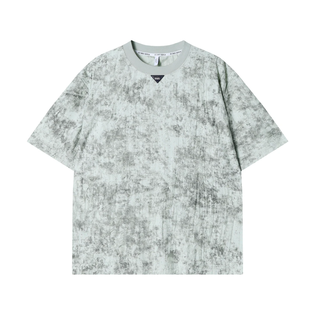 春夏新款时尚渐变磨破细闪圆领短袖T恤倒三角潮流百搭情侣上衣