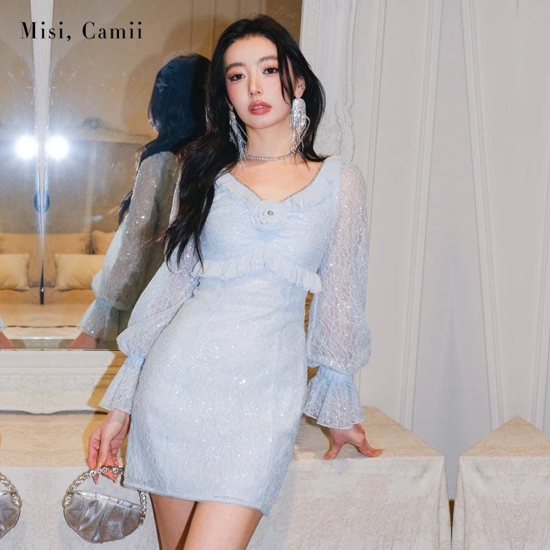 达人专属Misi,Camii女式春秋款服装玫瑰雪纺边蕾丝短款连衣裙名媛