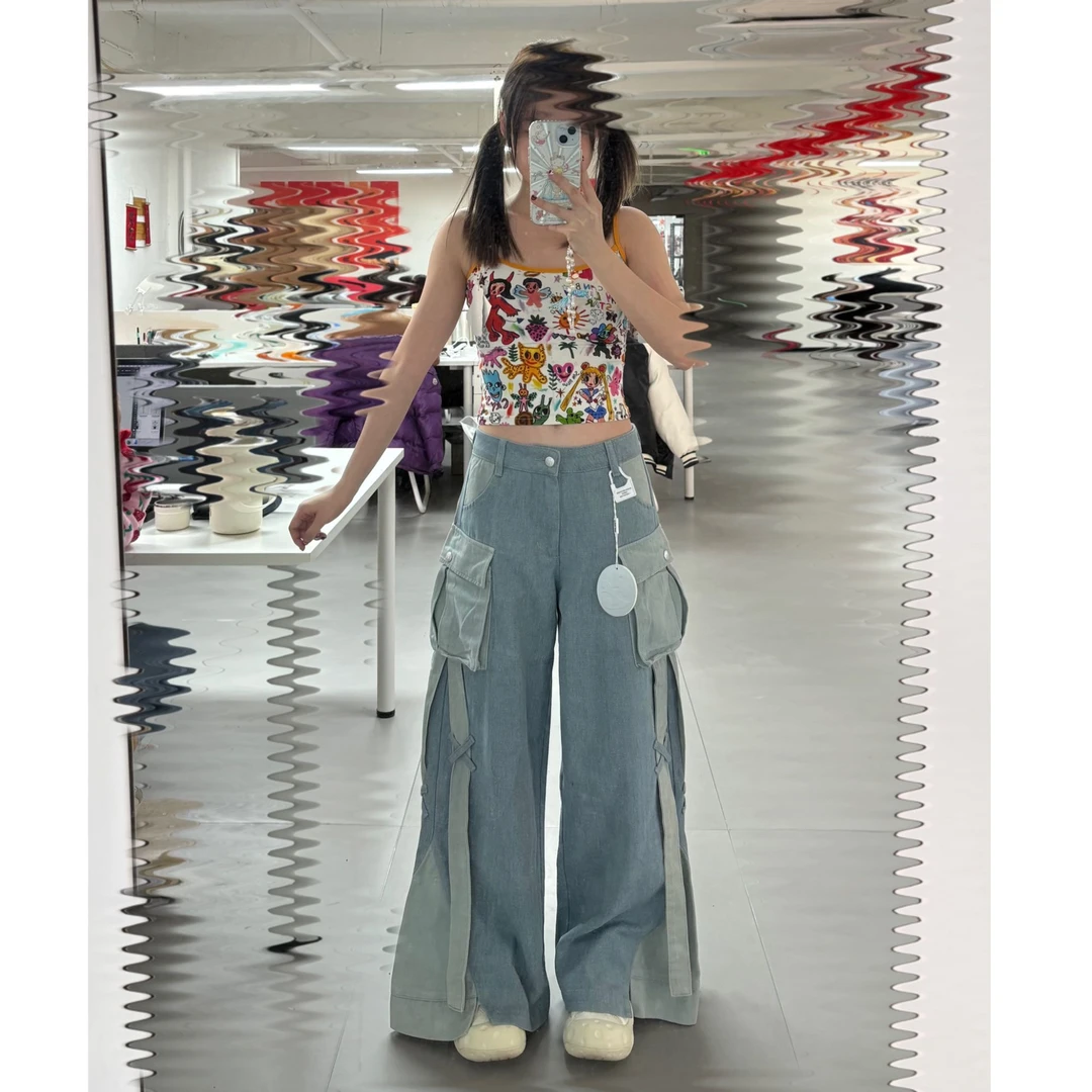 NP 双色牛仔阔腿飘带裤子