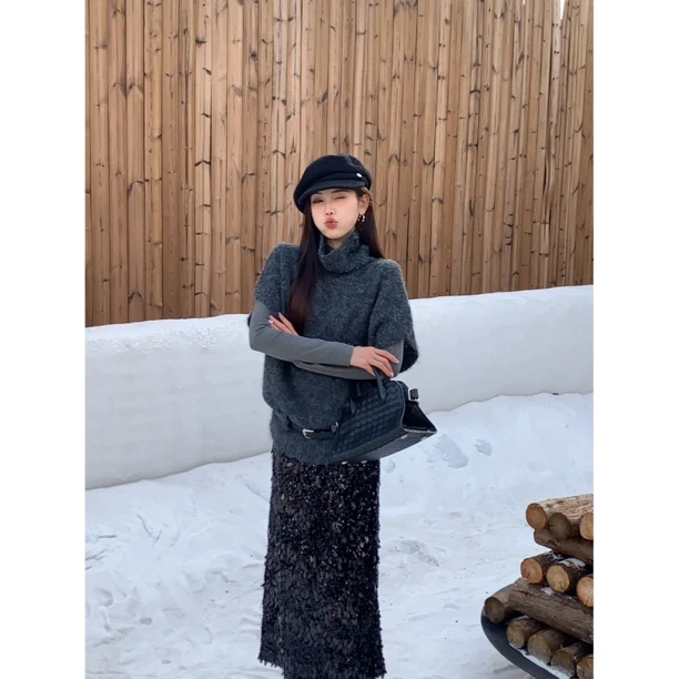 赵小小【淡人高知】B-98090 高领毛衣马甲秋冬叠穿针织上衣【配腰带】